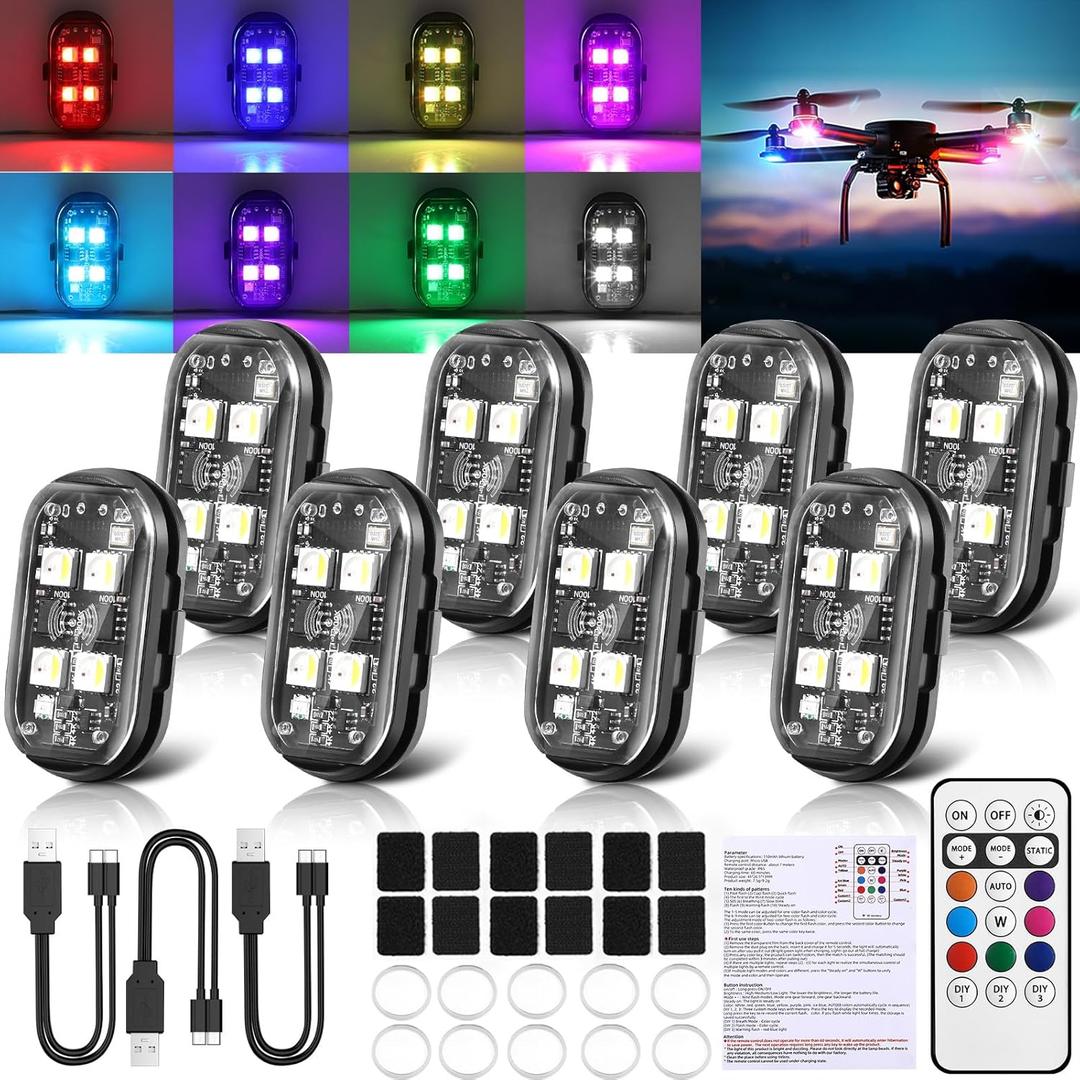 2025 Upgraded 4LEDs 8PCS Wireless LED Lights for Car, Halloween High Brightness Strobe Light with Remote Control, 2 in 1 Type-C Recharge 8 Colors IP65 Waterproof Anti-Collision Wireless Strobe Lights
