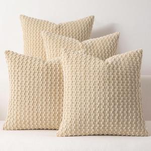 Kevin Textile Throw Pillow Covers Pack of 4 Spring Super Soft Boho Corduroy Decorative Pillow Covers Cases Solid Color Plush Texture Throw Pillows for Sofa Couch Chair 18x18 Inch, Beige