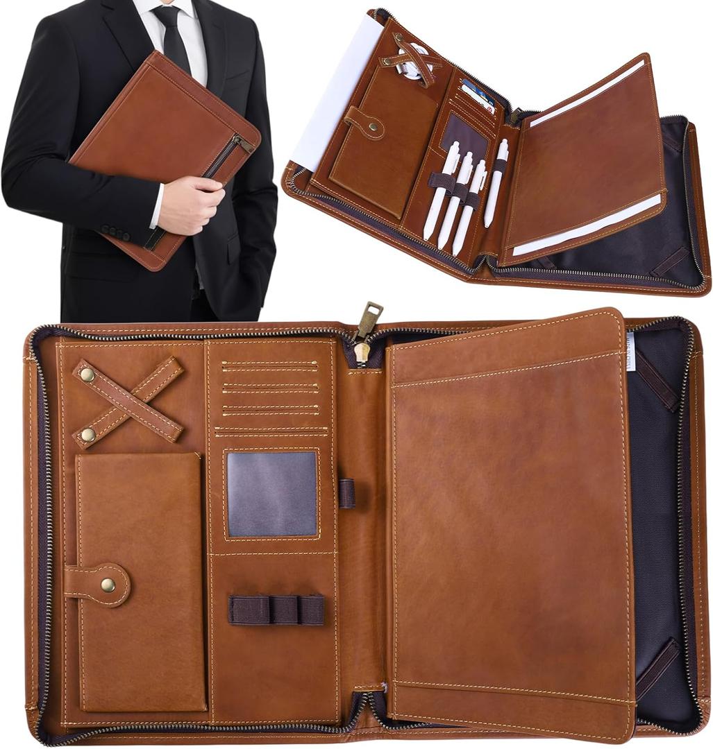 Genuine Leather Professioal Business Portfolio Padfolio Folder with Zipper, Conference Meeting Executive File Legal Document Organizer for Men, Work Portfolio for Meeting and TravelBrown