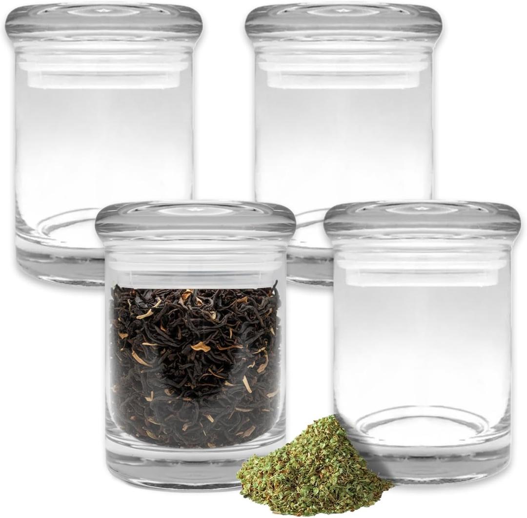 Airtight Smell Proof Glass Jar 6 Oz Pack - Bundle with 4 Clear Glass Storage Containers for Herbs, Tea, Coffee, Spices, More | Stackable Stash Jars 6 Ounces