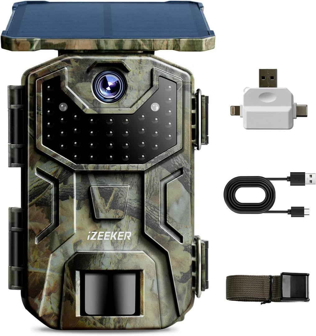 iZEEKER Solar Trail Camera 4K 30fps 48MP, Game Camera with Night Vision Motion Activated, 2600mAh Battery, No WiFi, IP66 Waterproof with SD Card Reader Compatible with Smartphones Computers (Camouflaged)