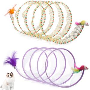 2pcs, Folded Cat Tunnel Spring, 10in Large Size Portable Cat Toy Spiral Tunnel, with Synthetic Feather and Toy Mouse Tunnel Spring Outdoor Puppy Kitten Generic (Striped Yellow, Purple)