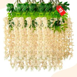 24 Pack Champagne Wisteria Hanging Flowers, 3.77 Ft Fake Hanging Flowers, Artificial Wisteria Garland Vines for Wedding Room Backdrop Outdoor Patio Garden Decoration