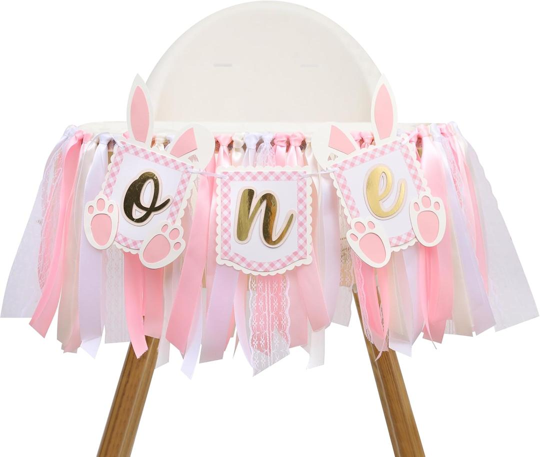 Pink Bunny One High Chair Banner - Some Bunny Is One Banner, Easter Bunny 1st Birthday Highchair Banner, Bunny Princess 1st Birthday Decorations, Pink Ribbon High Chair Garland (Bunny Banner One)