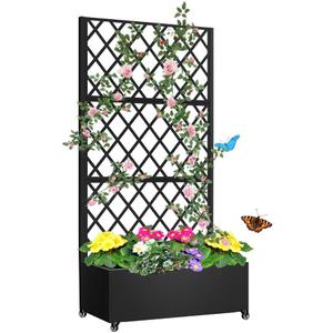 Metal Planter Box with Privacy Screen Trellis,Galvanized Raised Garden Bed On Wheels for Climbing Plants Vines, Standing Garden Flower Bed with Drainage Holes (Black, 35" L x16 W x 55" H)
