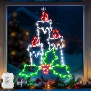 Enhon 15.8" Christmas Window Silhouette Light, Battery Operated Lighted Candles with Holly and Berry, 8 Modes Christmas Silhouette Light with Timer, for Xmas Holiday Indoor Outdoor Decor