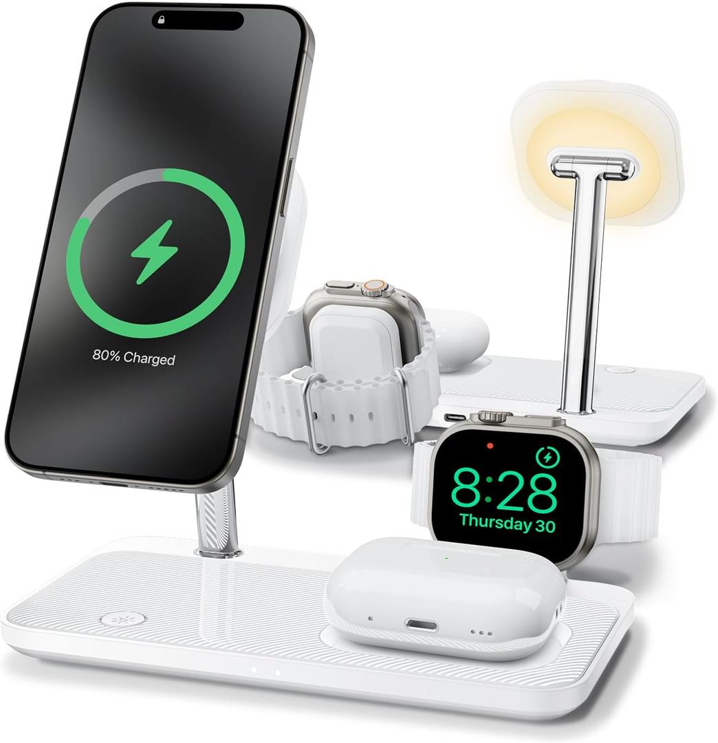 Wireless Charging Station for iPhone 16/15/14/13/12 Series, 4 in 1 Mag-Safe Charging Stand for Multiple Apple Watch Series 10-1/Ultra/SE&Airpods 4/3/2/Pro, Magnetic Wireless Charger with Night-Lamp (White)