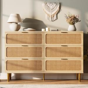 GarveeHome Rattan 6 Drawer Dresser for Bedroom, Large Double Dresser with Deep Drawers, Wooden Chest of Drawers for Closet with Wide Top, for Living Room, Hallway, Kids Room, Natural