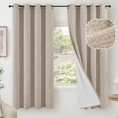 Lajode Beige 100% Blackout Curtains for Bedroom 63 Inch Length 2 Panels, Thermal Insulated Complete Light Blocking Noise Reducing Linen Window Curtains for Nursery, Bronze Grommet, Each 52" Wide 2 Panels