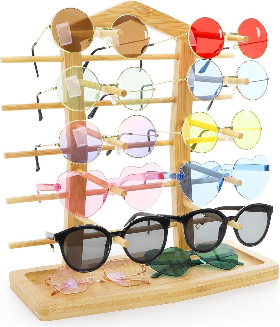 Bamboo Glasses Display Holder, 10-Pair Tabletop Sunglasses Rack Stand, Eyewear Riser Organizer with Storage Base, Countertop Eyeglasses Collection Showcase for Home, Glasses Shop Display