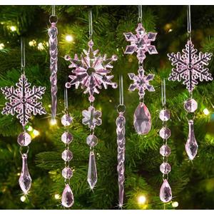 18pcs Crystal Christmas Ornaments for Christmas Tree Decorations-Light Pink Hanging Acrylic Snowflake and Icicle Ornaments with Drop Pendants for New Year Party Decorations Supplies