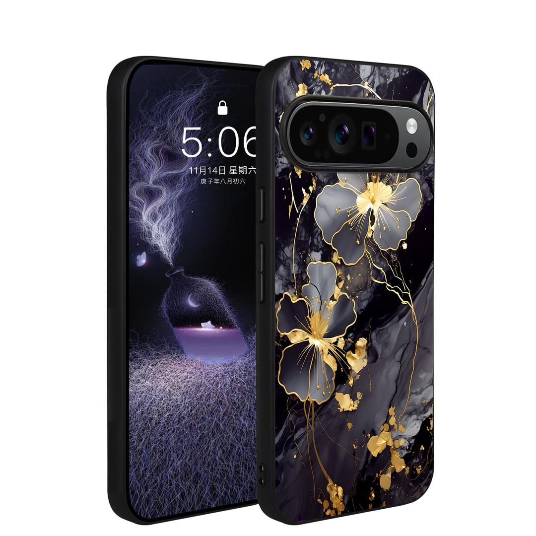 for Google Pixel 10 Pro XL Case,Compatible with Magsafe,Glow in The Dark Cute Floral Slim Fit Soft TPU Shockproof Protection for Google Pixel 10 Pro XL Magnetic Case Aesthetic Black Marble