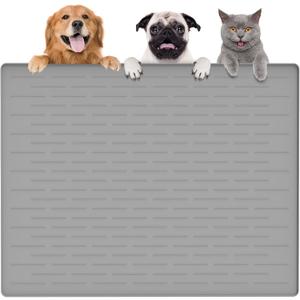 Largest Dog Food Mat, 39.5"x29.5" Silicone Dog and Cat Mat for Food and Water Bowls, Thinken Waterproof Non-Slip XXXL Pet Feeding Mat for Floors (Grayish White)