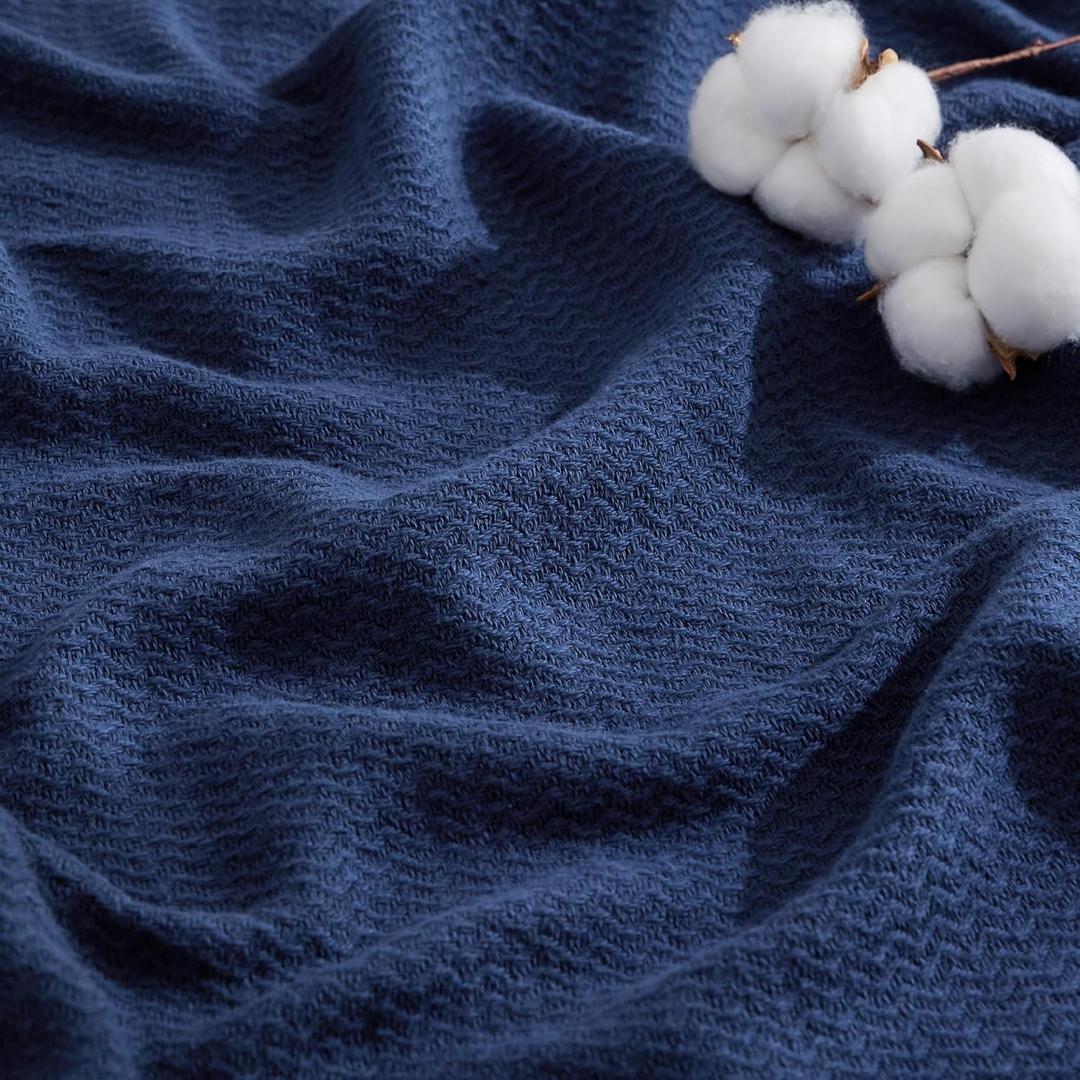 Bedsure GentleSoft 100% Cotton Blanket Queen Size for Bed - Breathable and Lightweight, Soft Cozy Textured Herringbone Woven Blanket for Summer, Navy Blue, 90x90 inches