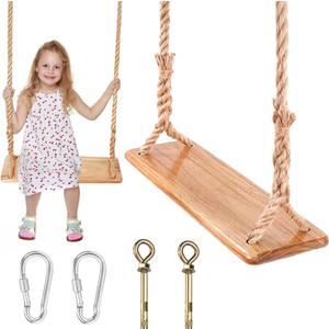Hanging Wooden Swing, Seat 19.7"x 5.1" 1.2", Tree Swings for Adults and Kids Outdoor, Adjustable Hemp Rope Plus Tree Straps 80 inch, Kids Swing with 500lbs