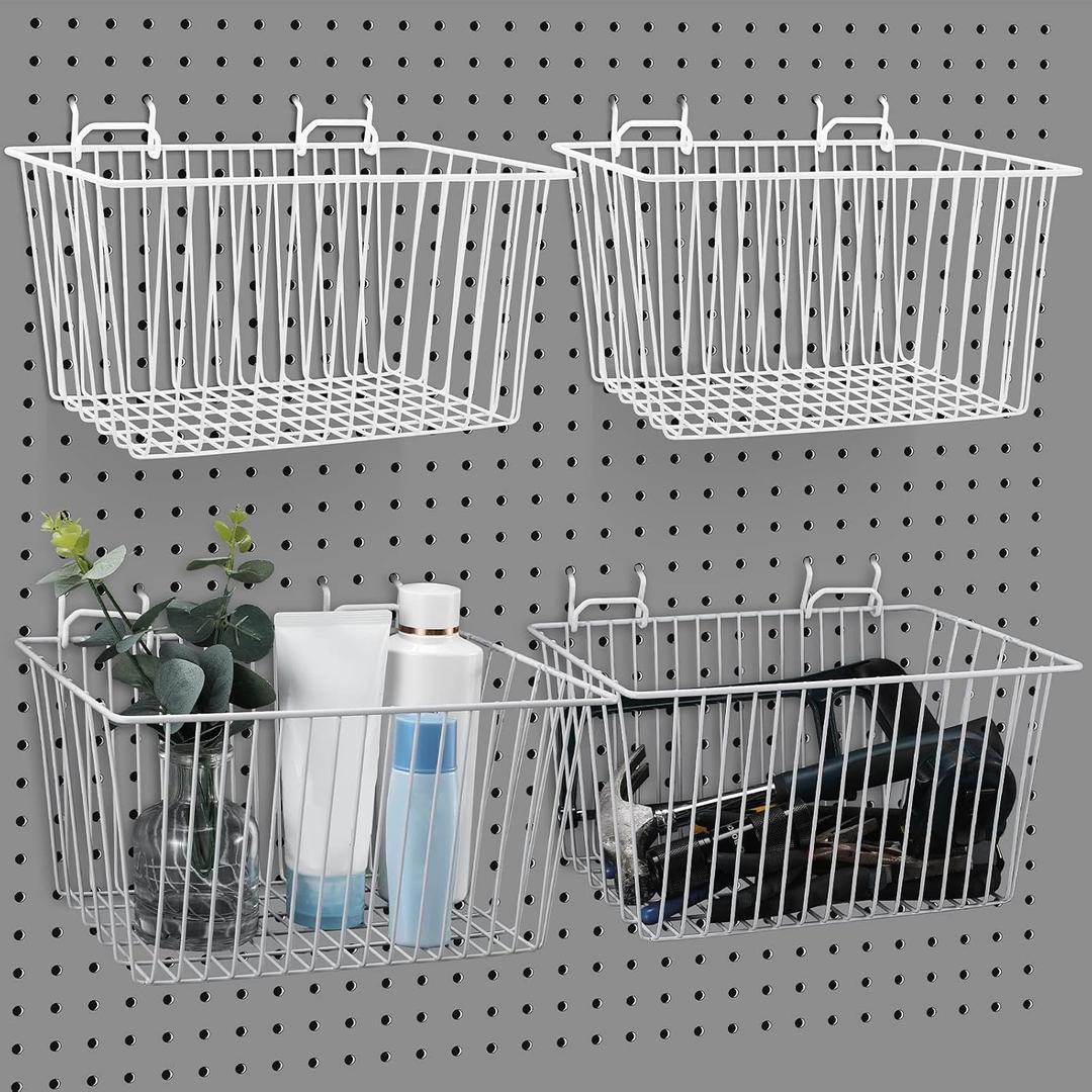 Sieral 4 Pack Pegboard Baskets, Pegboard Hooks Assortment Various Tools Storage, Pegboard Parts Storage System Peg Board Workbench Metal Wire Shelves for Organizing Hardware Attachments