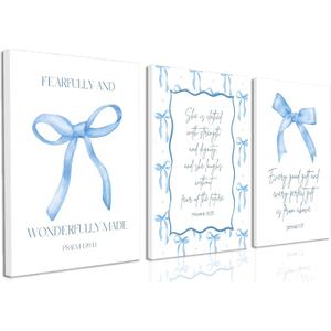 QIHPLYY Blue Bow Jesus Canvas Wall Art Light Blue Coquette Dorm Room Wall Decor Paintings Inspirational Bible Verses Posters Prints Pictures for Girls Dorm Room Bedroom Bathroom 16x24 Inch Framed