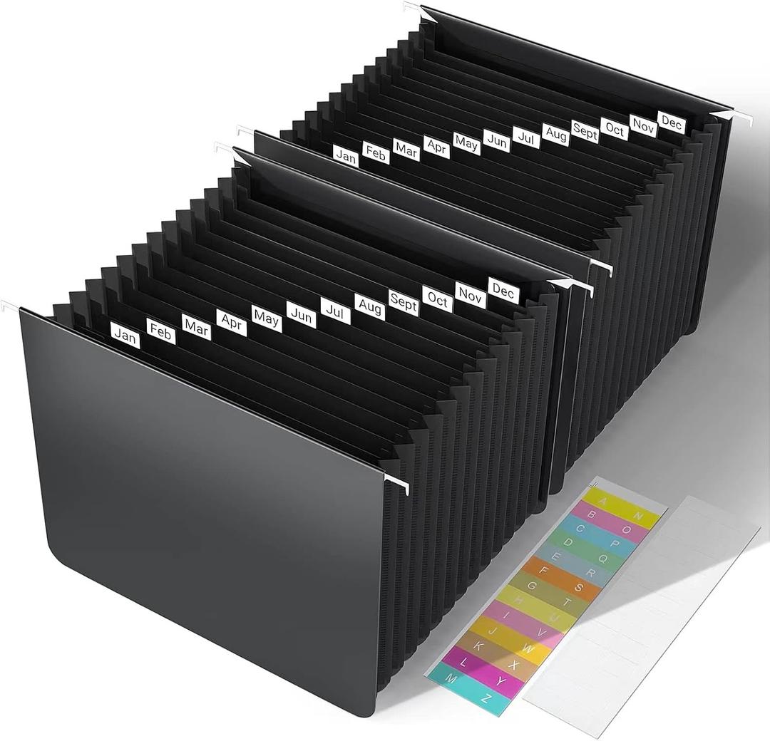 TOPCJ Black Hanging File Folders,Expanding File Organizer,File Cabinet Letter Size,13 Innovative Accordion Pockets,Monthly Tabs,Large Capacity, Durable Plastic Desk Organizer 2 Black