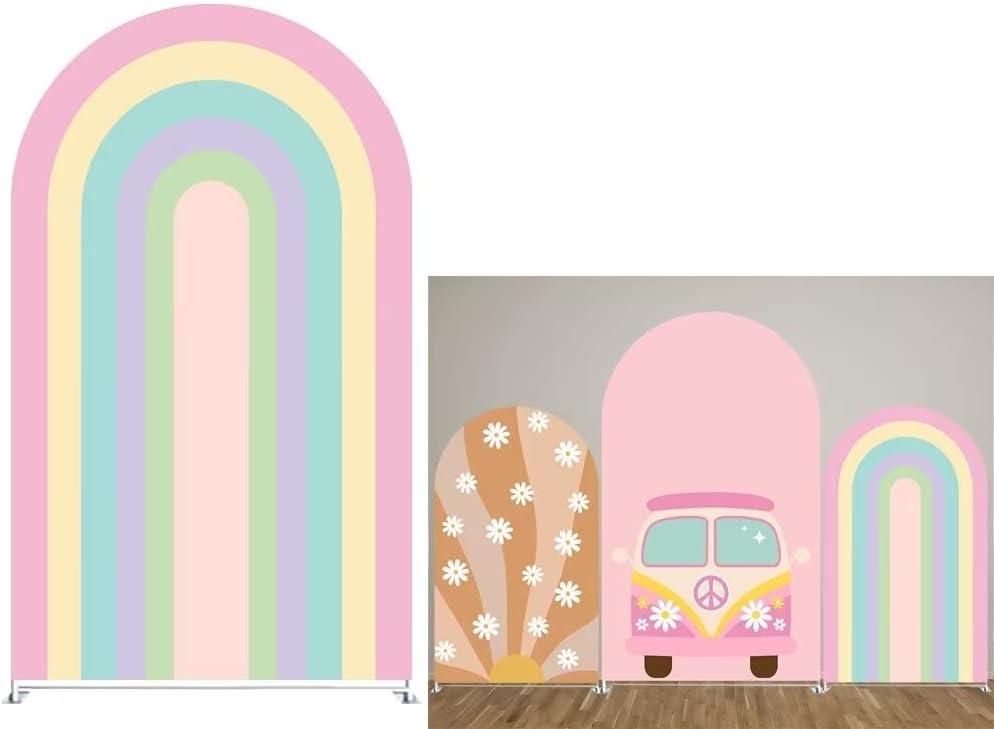 KONPON Rainbow Arched Fabric Backdrop Covers for Groovy Party Boho Pastel Rainbows Arch Stand Covers Birthday Baby Shower Decor (3ftx5ft(35"x60"), Gx-806)