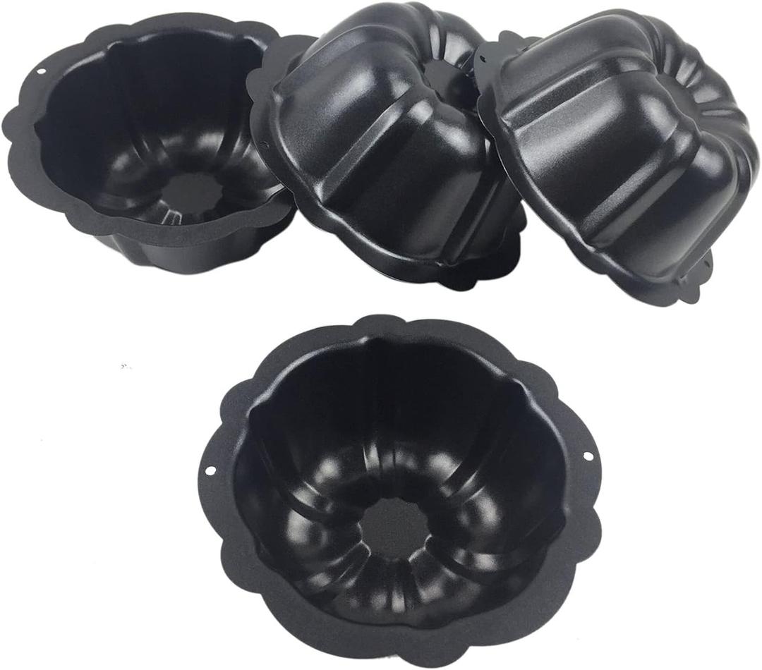 4 Inch Fluted Tube Cake Pan, Nonstick Mini Kugelhopf Mold, Carbon Steel Fluted Baking Cake Pans, Metal Round Pumpkin Shaped Mould for Muffin, Brownie, Pudding - Black, Set of 4