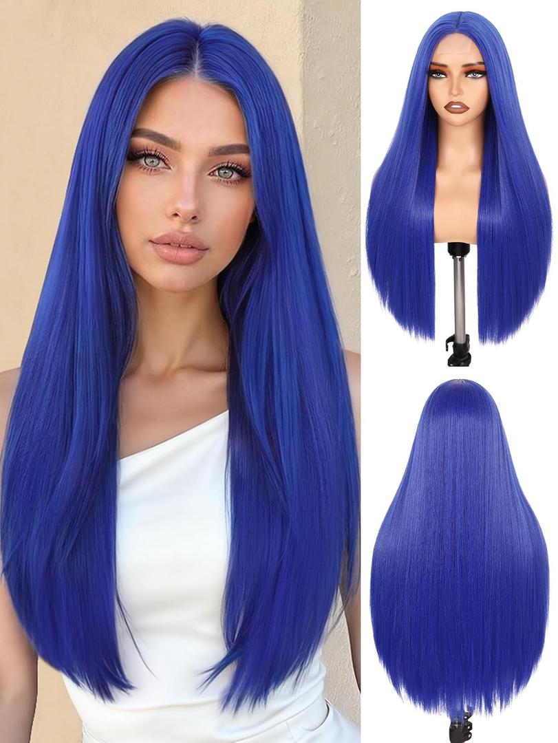 FAVE Blue Wig for Women,Synthetic Dark Blue Wig 26 Inches Middle Part Blue Wigs Natural Straight Long Blue Wigs for Daily Party and Cosplay Colorful Wig for Women
