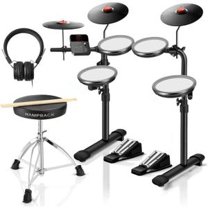 HAMPBACK MK-0 Electric Drum Set with 7'' Quiet Mesh Drum Pads, 8'' Full Rubber Cymbals, 12 Kits and 68 Authentic Sounds, USB MIDI, Throne, Sticks, Headphone, 2 Switch Pedals for Beginners & Kids