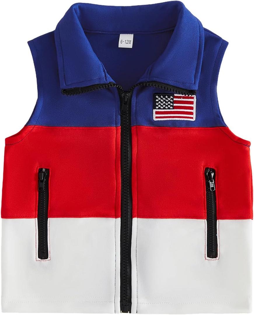 Toddler Baby Boy 4th of July Outfit American Flag Sleeveless Blue Red White Vest Zip Up Sweatshirt Jacket Cardigan