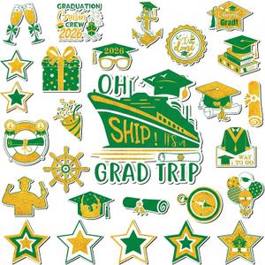 Tellegloww 27 Pcs Graduation Cruise Door Magnets 2026 Graduation Cruise Door Decorations Magnetic Congrats Grad Magnet for Carnival Cabin Party Grad Trip End of School Car Refrigerator(Green Gold)
