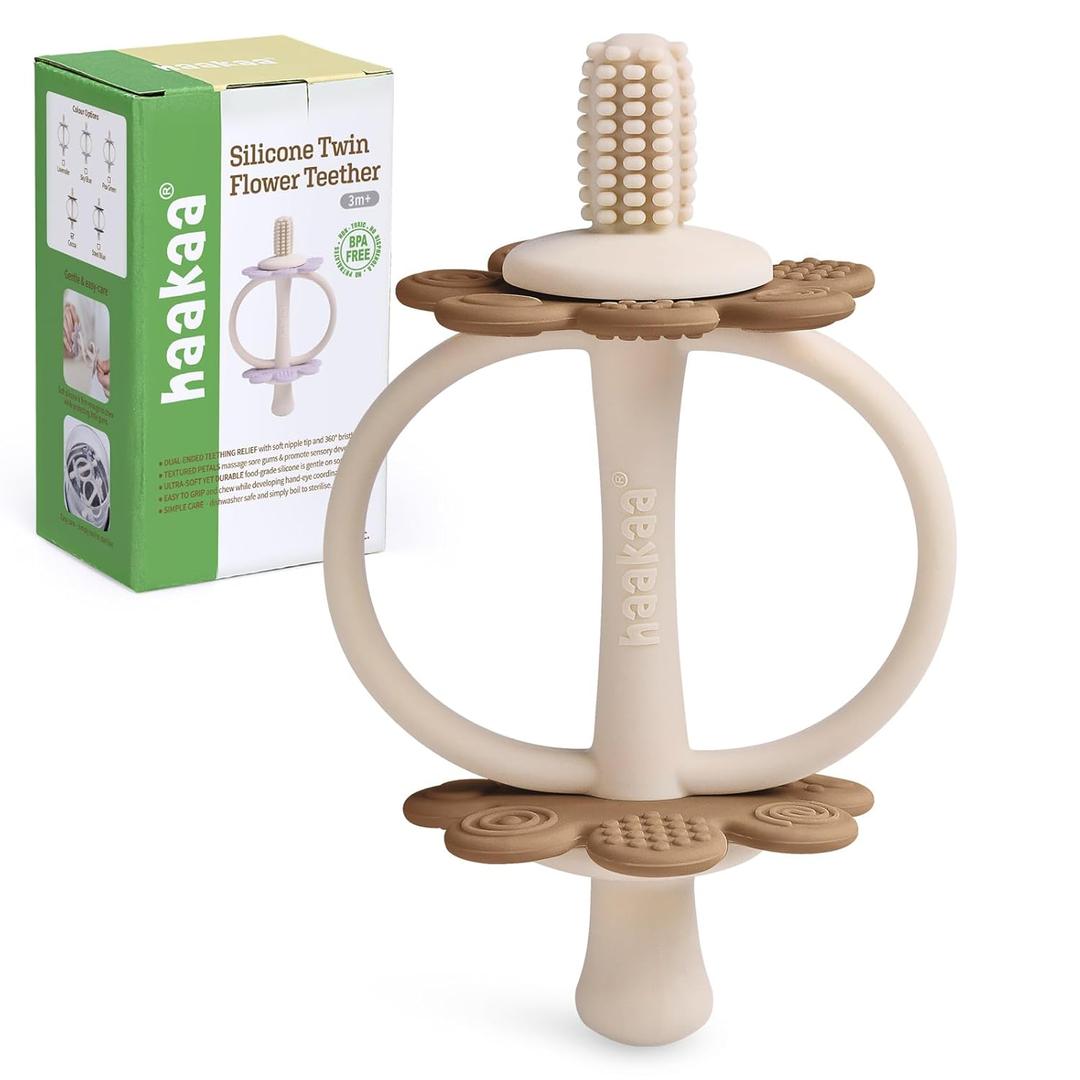 haakaa Silicone Baby Teether Toys,Nipple-Shaped End for Gum Massage,360 Baby Toothbrush Head for Self-Brushing Training,Easy to Grip-Cocoa