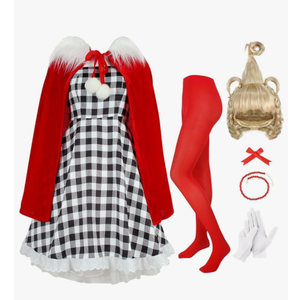 7Pack Christmas Red Costume Kids Girls Christmas Dress with Wig Long Blonde Braid with Red Beads Necklace Bow, Size 140