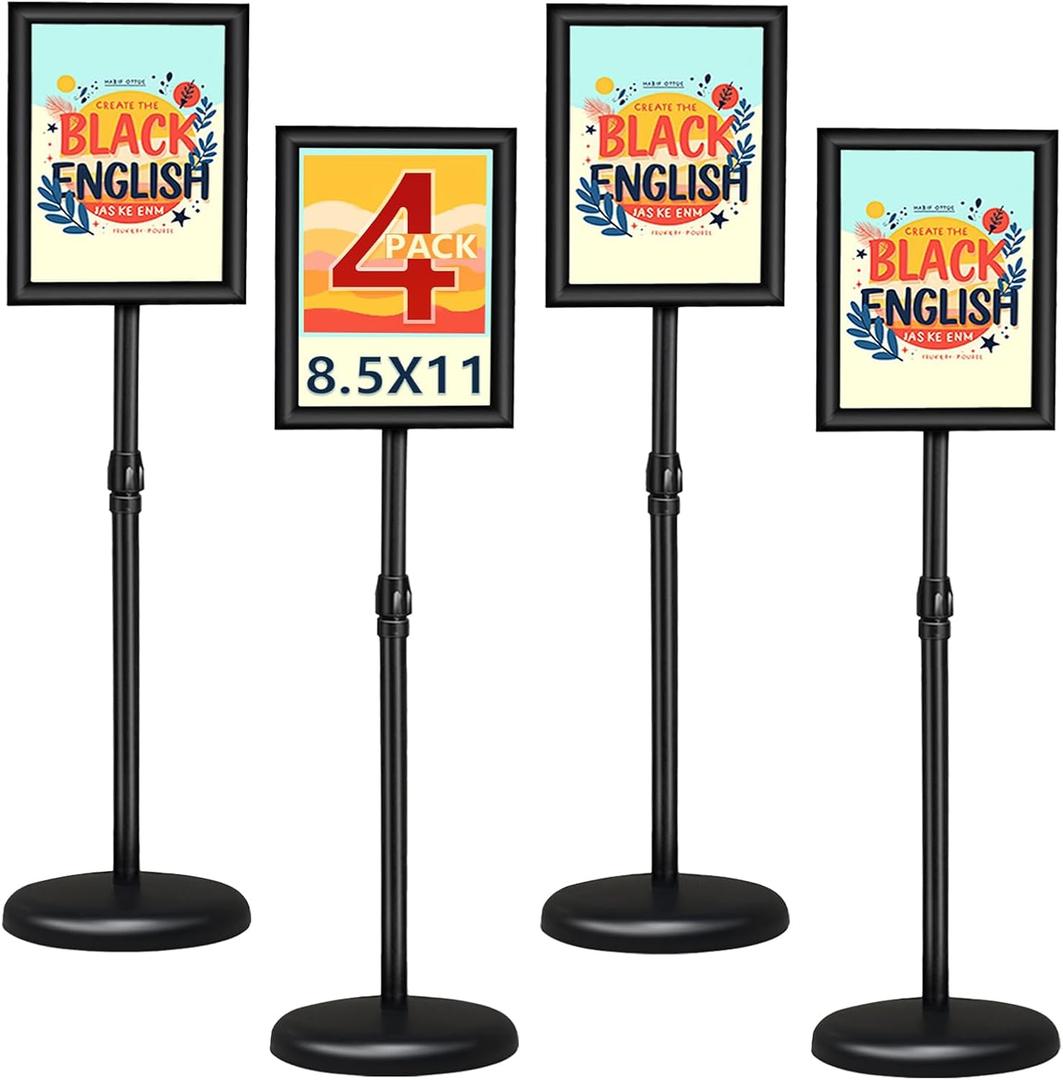 4Packs Adjustable floor standing poster stand, vertical and horizontal display sign stand, with heavy-duty base, aluminum alloy opening and closing frame (8.5 x 11 black)