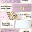 Velvet Travel Jewelry Box with Large Mirror, Double-Layer Jewelry Organizer Case for Women and Girls, Portable Storage Case with 6 Anti-Tarnish Bags Gift Ready for Her (Lavender)