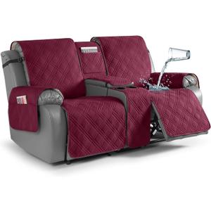TAOCOCO Waterproof Loveseat Recliner Cover with Console, Non-Slip Reclining Loveseat with Console Cover with Pocket, Split Recliner Sofa Covers Furniture Protector for Pets Dogs(2 Seater, Wine)