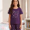 MyFav Young Girls Pajama Cute Cat Pattern Nighty Comfy Shorts Cotton Sleepwear (Purple)