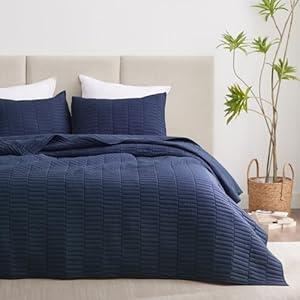 EXQ Home Quilt Set Full/ Queen Size Navy 3 Piece, Lightweight Soft Coverlet Modern Style Stitched Quilt Pattern Bedspread Set for All Season(1 Quilt, 2 Pillow Shams)
