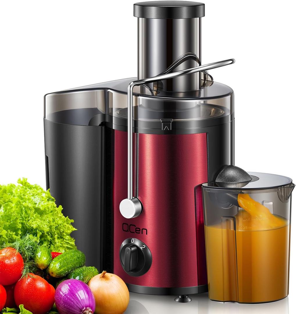 QCen Juicer Machine, 500W Centrifugal Juicer Extractor with Wide Mouth 3 Feed Chute for Fruit Vegetable, Easy to Clean, Stainless Steel, BPA-free (Metallic Red)