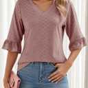 Womens 3/4 Flutter Sleeve Tops V Neck Shirts for Business Casual Loose Tunic Work Dressy Blouses (Medium, Pink)