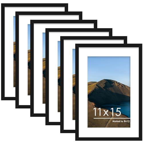 PEALSN 11x15 Picture Frames Set of 6, Display Pictures 8x12 with Mat or 11x15 without Mat for Wall Mounting, Photo Frames Collage for Wall Decor, Black.