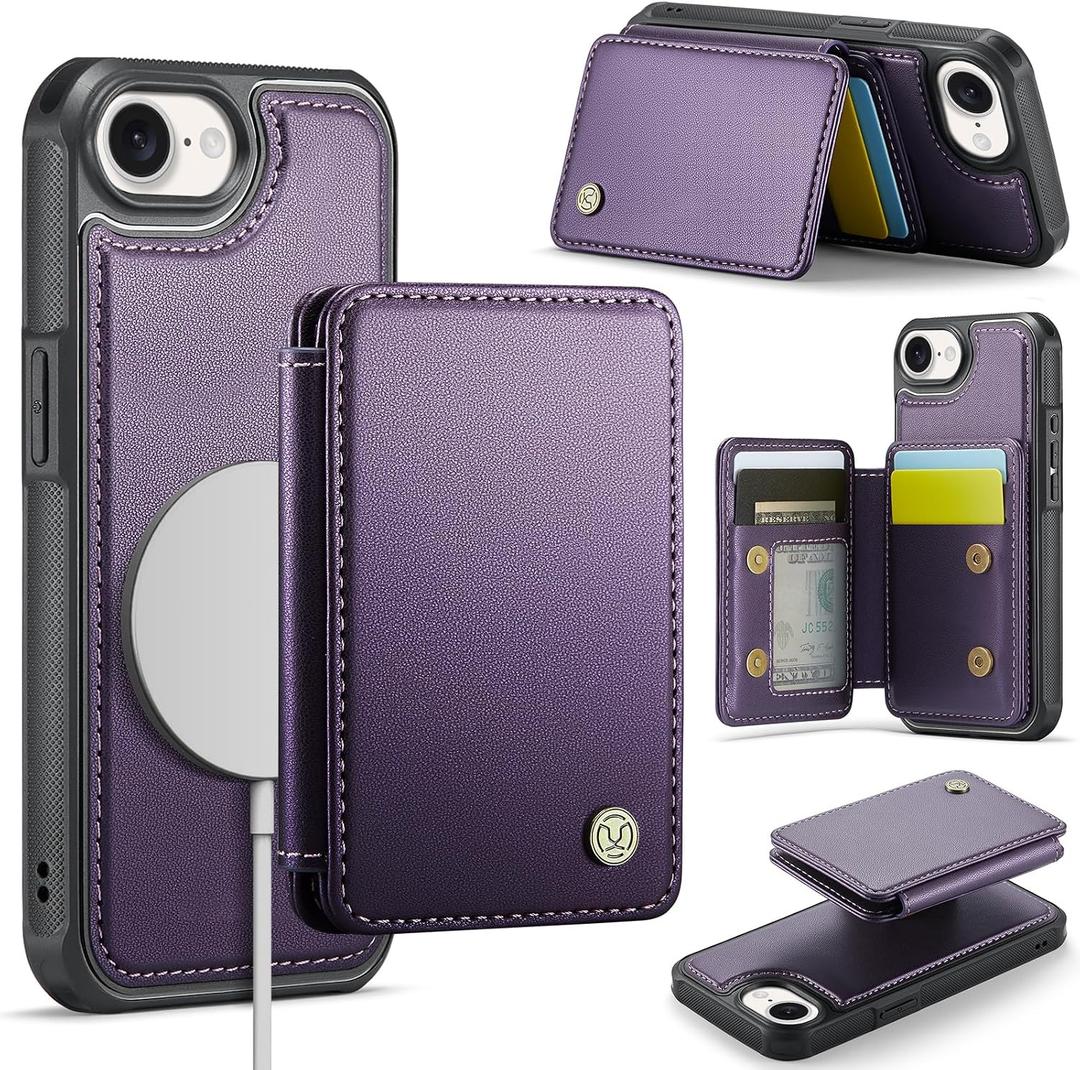 Compatible with Magsafe for iPhone 17e / 16e Wallet Case Magnetic Card Holder, RFID Blocking 2 in 1 Detachable Kickstand Shockproof Cover for Women Men, Purple