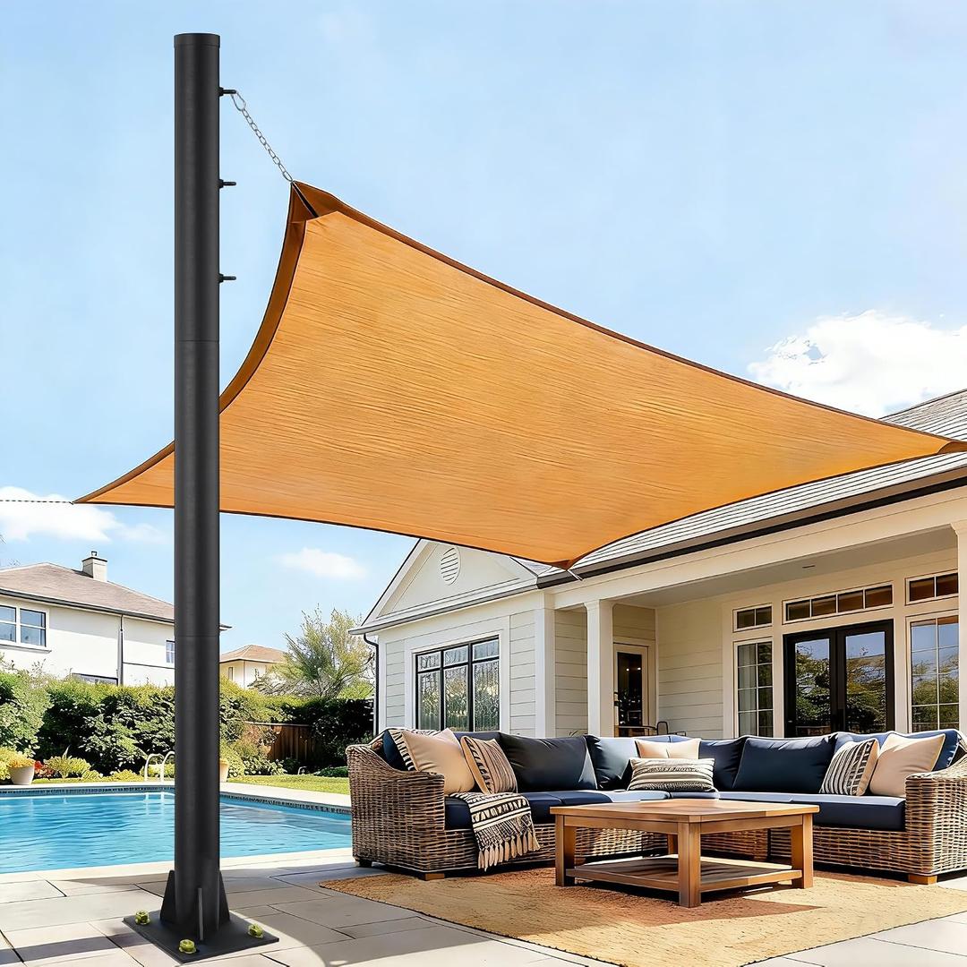 10ft Sun Shade Pole, 3" Diameter Heavy Duty Metal, Black Shade Sail Pole with 3 Rings for Patio, Deck, Playground, Backyard & Playground, One Pole