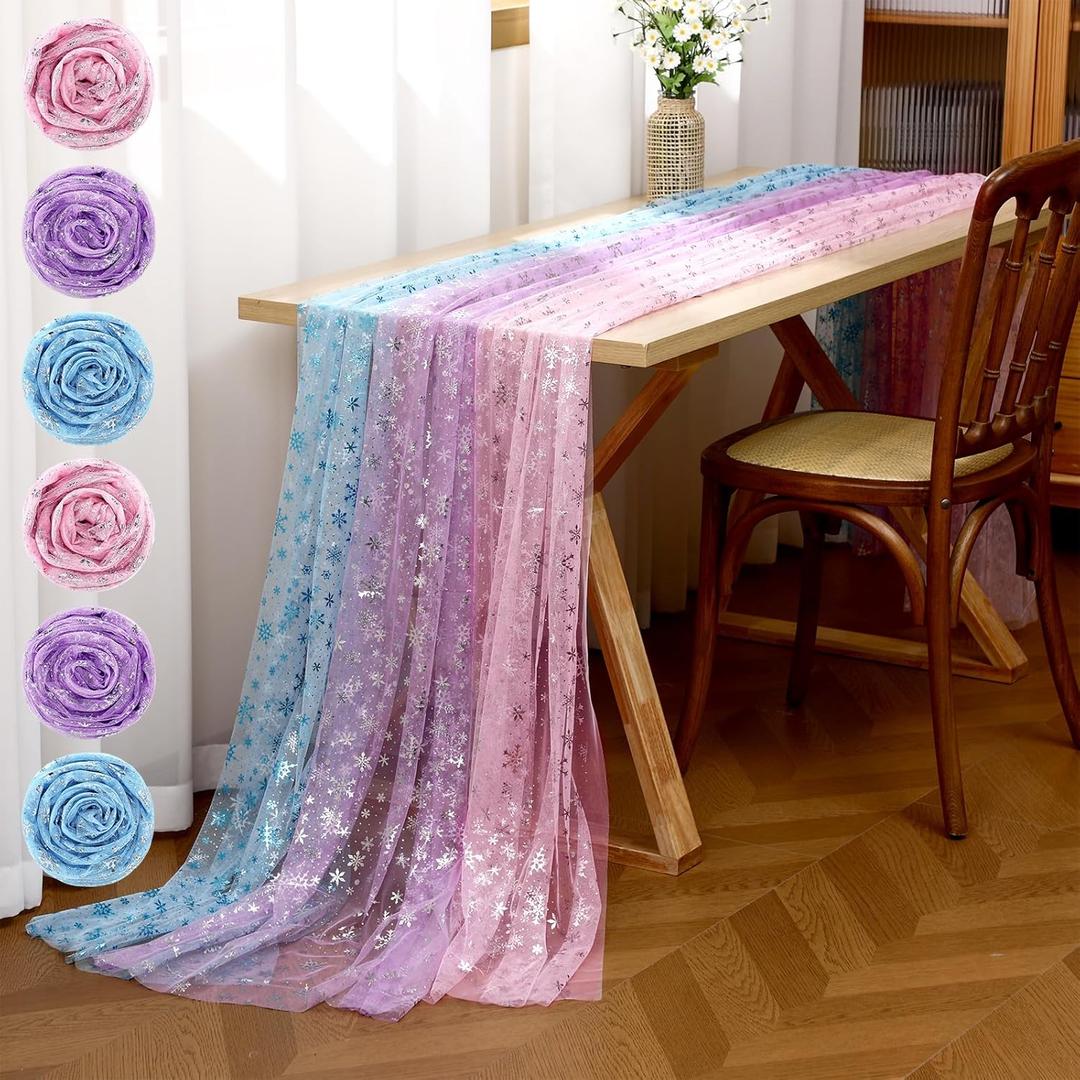 Hahafelt 6 Pcs Winter Onederland Supplies Snowflake Table Runner 10 ft Cheesecloth Fabric Sparkling Tulle Tablecloth Sheer Chiffon Gauze Runner for Christmas Birthday