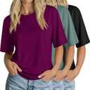Huukeay 3 Pack Women's Half Sleeve T-Shirts, Crew Neck Elbow Length Tops Loose Casual Basic Tees Summer Tunic Tops(Black, Gray Green, Burgundy Purple,Large)