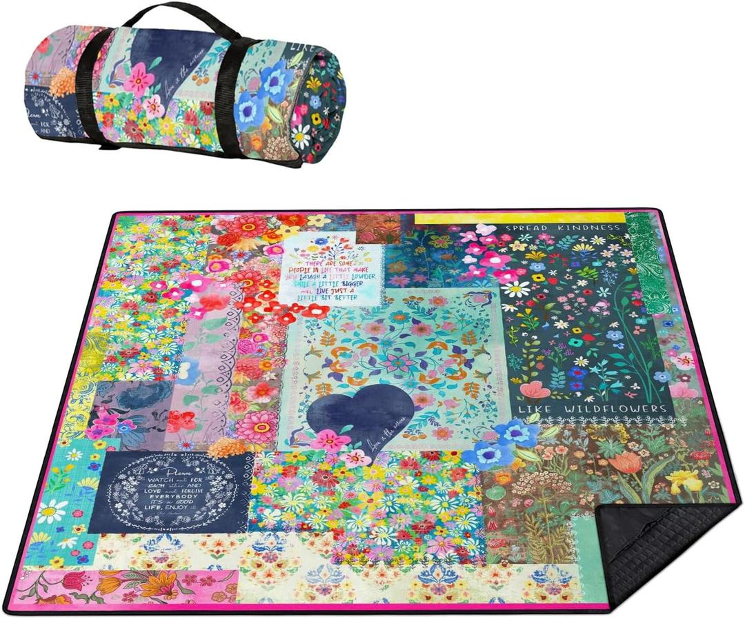 Picnic Blankets Waterproof Foldable Extra Large,80"x 80" Outdoor Beach Blanket Sandproof,3-Layer Lightweight Handy Mat Tote Picnic Camping Rugs for Outside Your Rv (Boho Vintage Floral Muticolor)