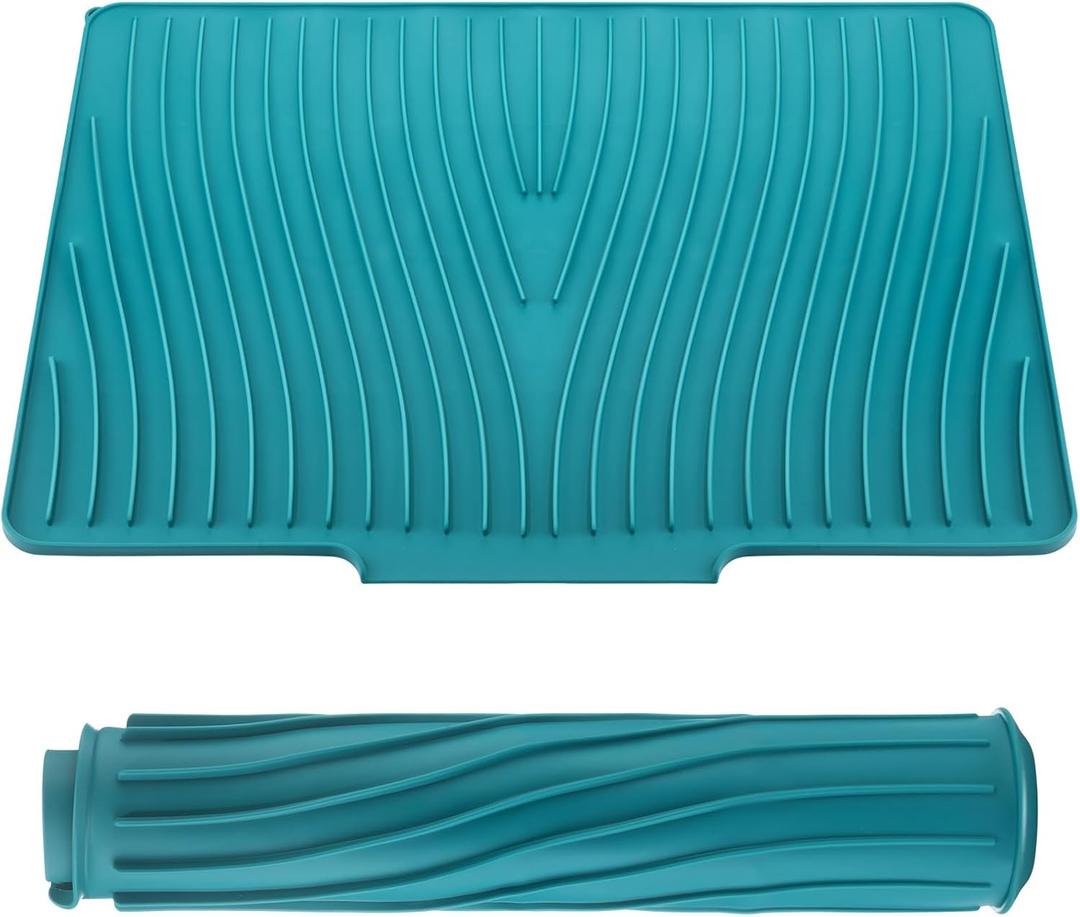 Extra Large Silicone Dish Drying Mat For Kitchen Counter Drying Pad 23.6 x 19 Inch Rubber Dish Drainer Mat with Drain Lip for Sink Drawer Liner (Blue)