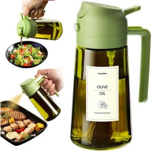 TrendPlain - Original 16oz/470ml Olive Oil Dispenser Bottle for Kitchen Gadgets and Air Fryer Accessories - Olive Oil Sprayer for Cooking w/Stickers - Green