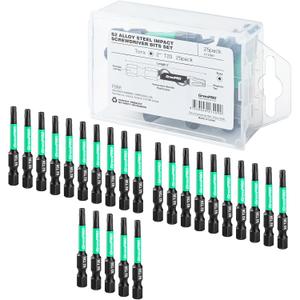 GRENPRO Security Bit Set 25pcs Impact Drive Bits, CNC Machined 2" Torx & Hex-Shank S2 Steel Screwdriver Star Bits with Storage Box, Tamper Proof T20 Magnetic Torque