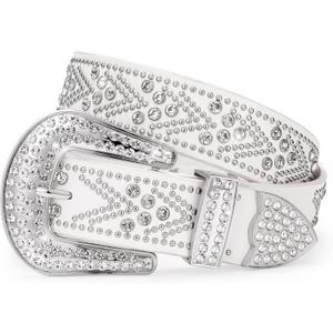 JASGOOD Rhinestones Belt for Women Men Plus Size Western Cowboy Cowgirl Studded Diamond Leather Waist Belt for Jeans Pants (Fit size 31"-35", A-silver White)