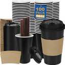 16 oz 100 Pack Coffee Cups with Lids and Sleeves, Straws, Hot Disposable To Go Travel Paper Cups Bulk for Office, Home Coffee Bar Accessories, Chocolate, Cocoa, Beverage (Black)