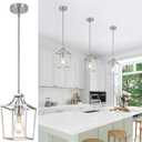 Brushed Nickel Lantern Pendant Light Fixture Pendant Lights for Kitchen Island with Clear Glass Shade, Adjustable Height Rods Pendant Lighting for Dining Room Kitchen Foyer Hallway (6.69 inch-Rods)