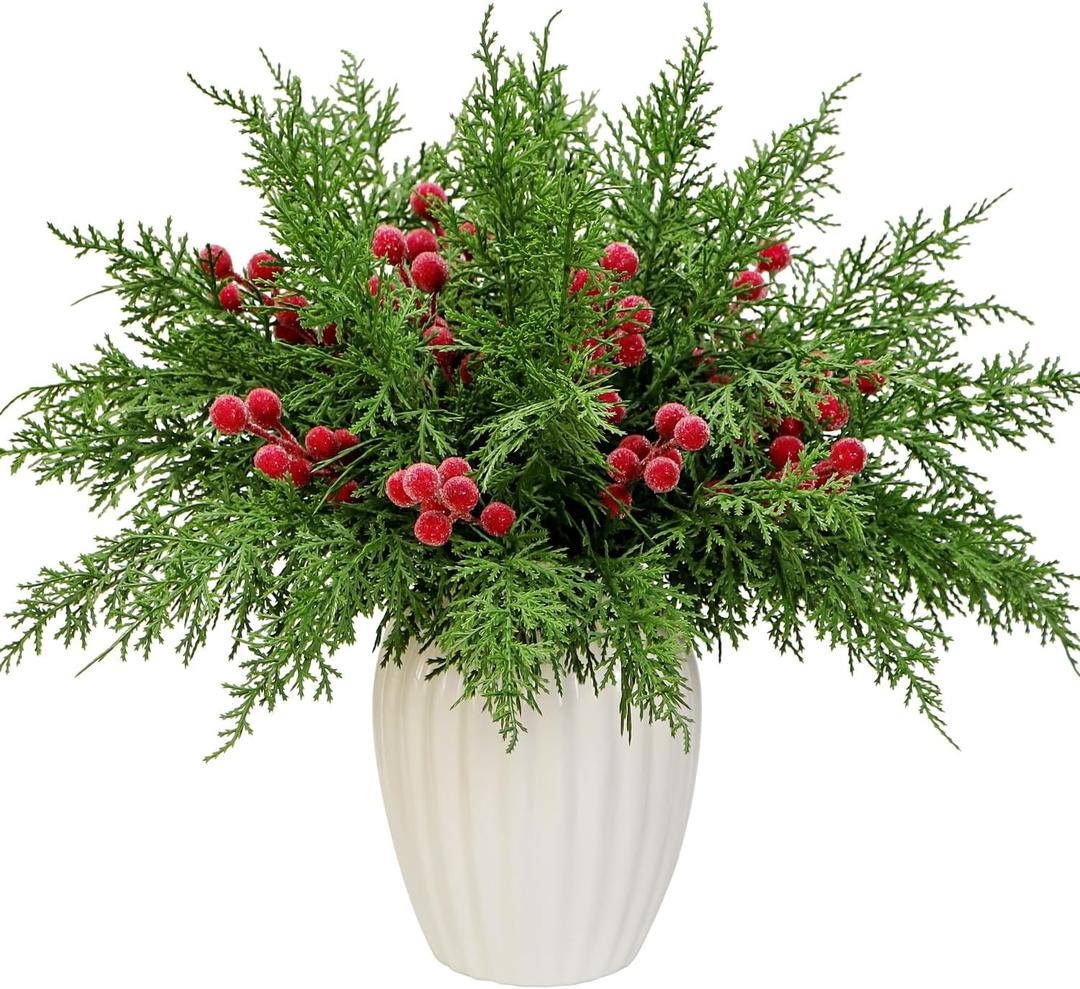 40Pcs Christmas 3D Artificial Pine Branches and Holly Berry Picks, 12.6 Inch Real Touch Faux Cedar Stems Fake Foliage Greenery Sprigs for Vase DIY Crafts Wreath Garland Holiday Decor (40, Red Berry)
